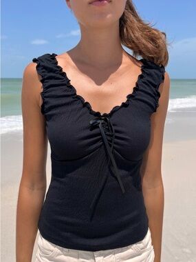 Brandy Melville Black Ruffle V-Neck Tie Front Tank